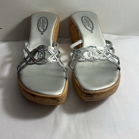PRE0WNED CALLISTO OF CALIFORNIA SILVER WEDGE SANDALS WOMAN SIZE EUR 40 US 9.5 - Picture 4 of 7